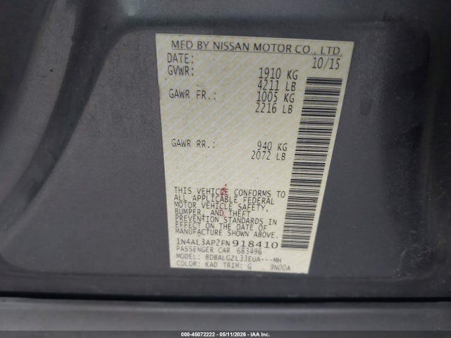 45072222 :رقم المزاد ، 1N4AL3AP2FN918410 vin ، 2015 Nissan Altima 2.5 S مزاد بيع