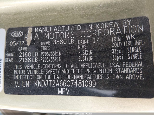 45072224 :رقم المزاد ، KNDJT2A66C7481099 vin ، 2012 Kia Soul + مزاد بيع