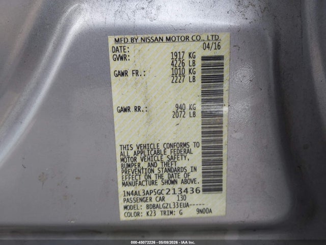 1N4AL3AP5GC213436 Nissan Altima 2.5/2.5 S/2.5 Sl/2.5 Sr/2.5 Sv