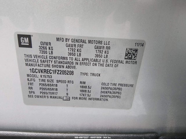 45072227 :رقم المزاد ، 1GCVKREC1FZ205208 vin ، 2015 Chevrolet Silverado 1500 1lt مزاد بيع