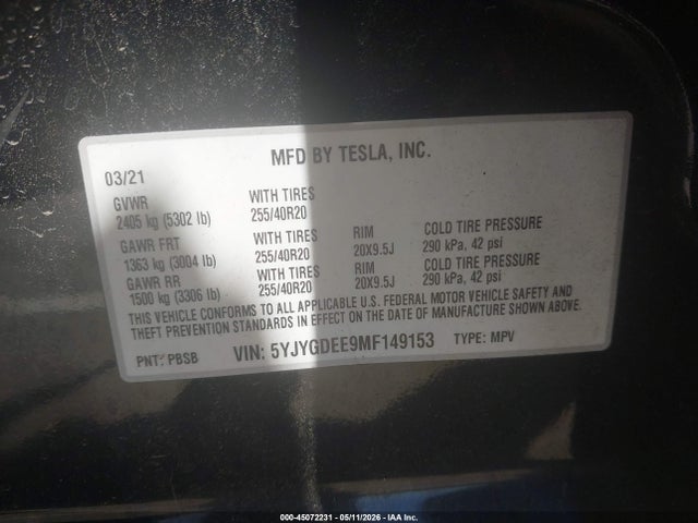 Aukcja sprzedaży 2021 Tesla Model Y Long Range Dual Motor All-wheel Drive, vin: 5YJYGDEE9MF149153, numer aukcji: 45072231