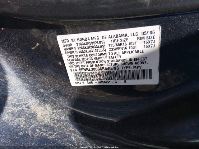 45072233 :رقم المزاد ، 5FNRL38686B440793 vin ، 2006 Honda Odyssey Ex-l مزاد بيع