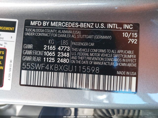 45072238 :رقم المزاد ، 55SWF4KBXGU115598 vin ، 2016 Mercedes-benz C-class C 300 مزاد بيع