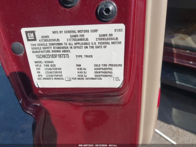 45072243 :رقم المزاد ، 1GCHK23183F187373 vin ، 2003 Chevrolet Silverado 2500hd Lt مزاد بيع