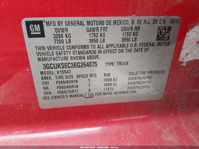 Aukcja sprzedaży 2014 Chevrolet Silverado 1500 1lz, vin: 3GCUKSEC3EG264875, numer aukcji: 45072249
