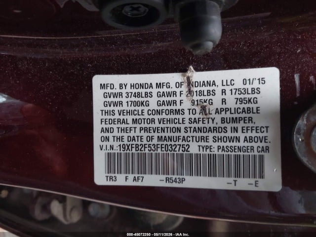 Aukcja sprzedaży 2015 Honda Civic Lx, vin: 19XFB2F53FE032752, numer aukcji: 45072250