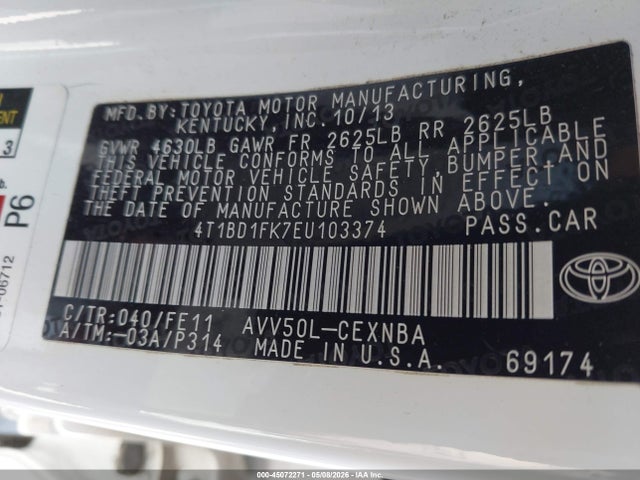 Aukcja sprzedaży 2014 Toyota Camry Hybrid Le, vin: 4T1BD1FK7EU103374, numer aukcji: 45072271