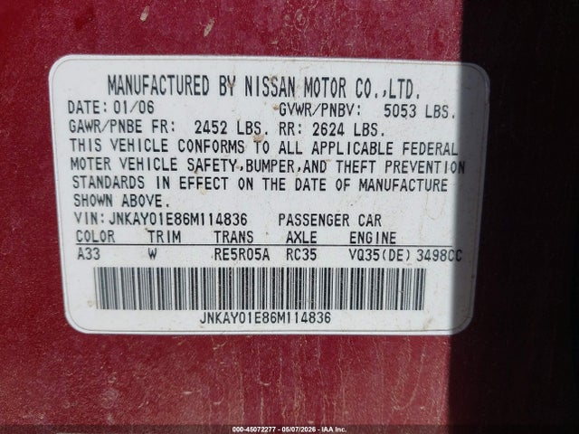 45072277 :رقم المزاد ، JNKAY01E86M114836 vin ، 2006 Infiniti M35 Sport مزاد بيع