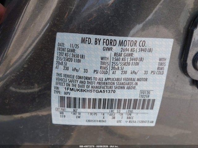 Aukcja sprzedaży 2026 Ford Explorer St-line, vin: 1FMUK8KH5TGA51370, numer aukcji: 45072278