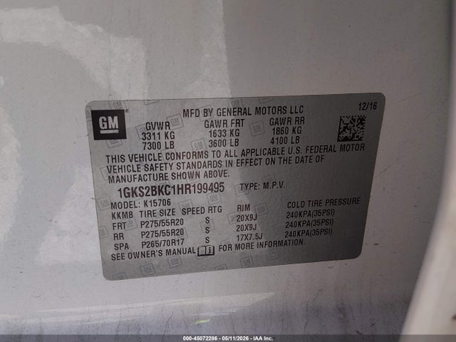 1GKS2BKC1HR199495 GMC YUKON SLT