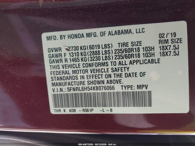 Aukcja sprzedaży 2019 Honda Odyssey Ex, vin: 5FNRL6H54KB076066, numer aukcji: 45072288