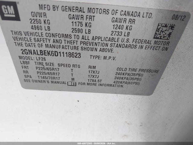Продажа на аукционе авто 2013 Chevrolet Equinox Ls, vin: 2GNALBEK6D1118623, номер лота: 45072303