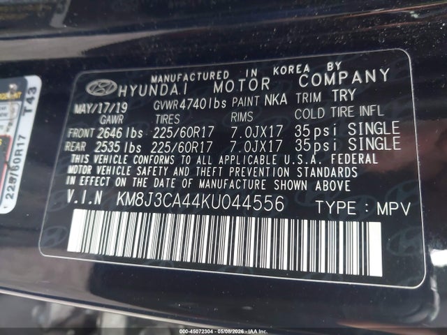 Aukcja sprzedaży 2019 Hyundai Tucson Value, vin: KM8J3CA44KU044556, numer aukcji: 45072304