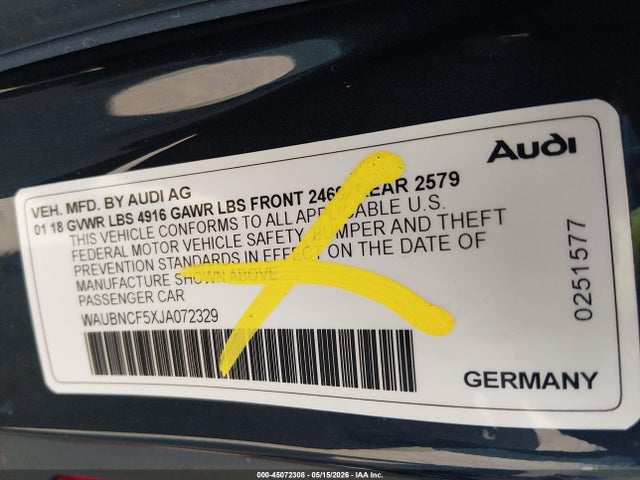 Aukcja sprzedaży 2018 Audi A5 2.0t Premium, vin: WAUBNCF5XJA072329, numer aukcji: 45072308
