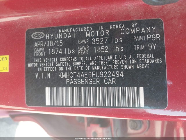Aukcja sprzedaży 2015 Hyundai Accent Gls, vin: KMHCT4AE9FU922494, numer aukcji: 45072319