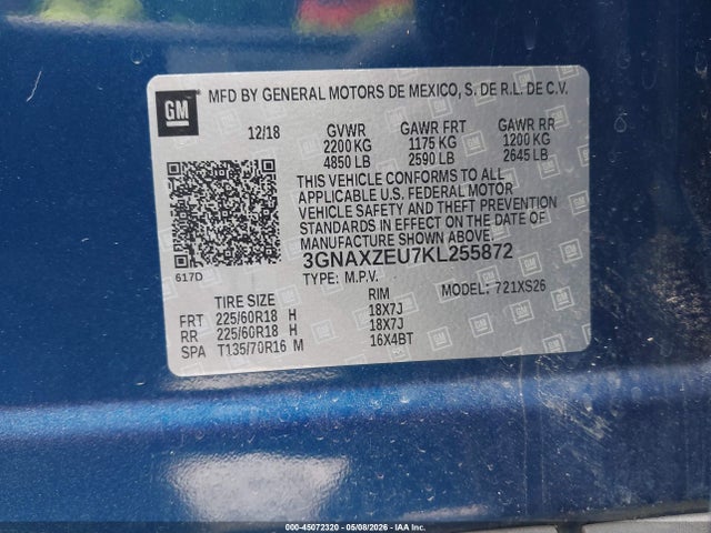 Aukcja sprzedaży 2019 Chevrolet Equinox Premier, vin: 3GNAXZEU7KL255872, numer aukcji: 45072320