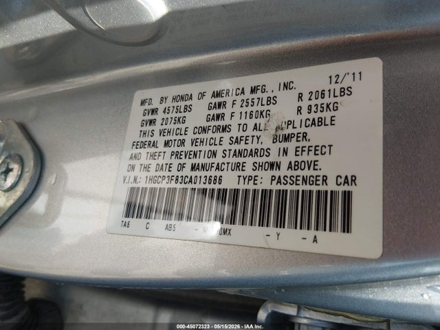 2012 Honda Accord 3.5 Ex-l მანქანა იყიდება აუქციონზე, vin: 1HGCP3F83CA013686, აუქციონის ნომერი: 45072323