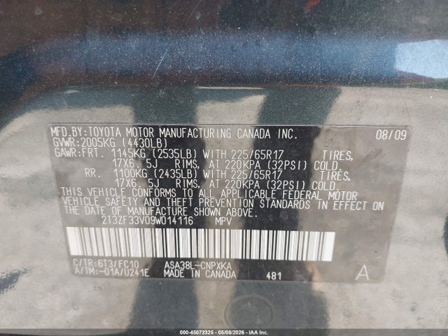 Продажа на аукционе авто 2009 Toyota Rav4, vin: 2T3ZF33V09W014116, номер лота: 45072325