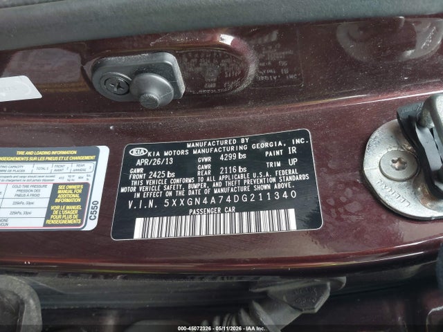 2013 Kia Optima Ex მანქანა იყიდება აუქციონზე, vin: 5XXGN4A74DG211340, აუქციონის ნომერი: 45072326