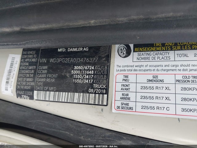 Продаж на аукціоні авто 2018 Mercedes-benz Metris, vin: WD3PG2EA0J3476377, номер лоту: 45072332