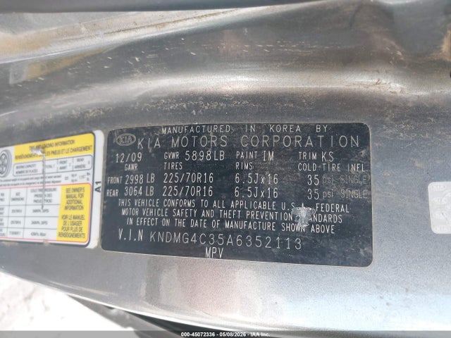 Auction sale of the 2010 Kia Sedona Lx, vin: KNDMG4C35A6352113, lot number: 45072336