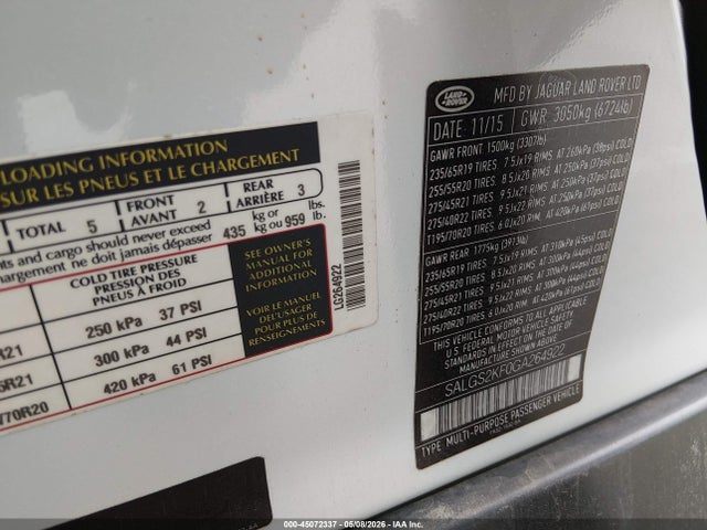 45072337 :رقم المزاد ، SALGS2KF0GA264922 vin ، 2016 Land Rover Range Rover 3.0l V6 Turbocharged Diesel Hse Td6 مزاد بيع