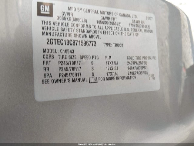 Продажа на аукционе авто 2007 Gmc Sierra 1500 Sle1, vin: 2GTEC13C871596773, номер лота: 45072338