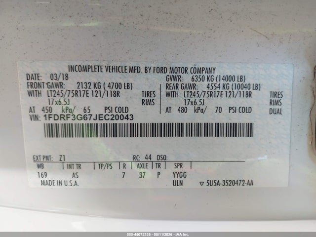 Ford F-350 Chassis Xl 2018 1FDRF3G67JEC20043 Image 8
