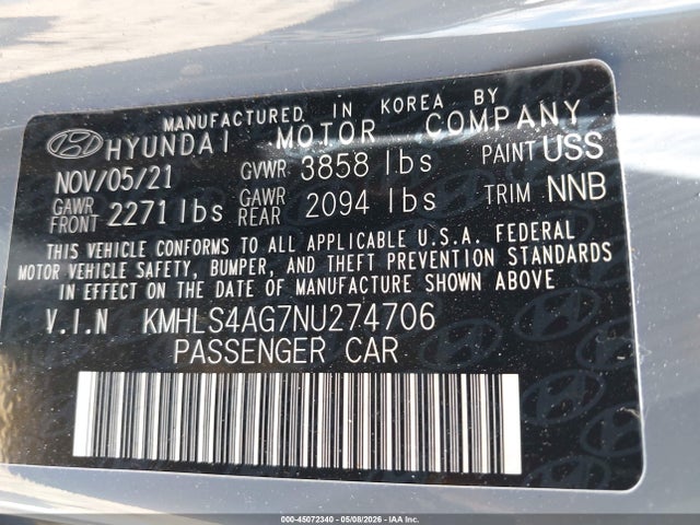 Aukcja sprzedaży 2022 Hyundai Elantra Sel, vin: KMHLS4AG7NU274706, numer aukcji: 45072340