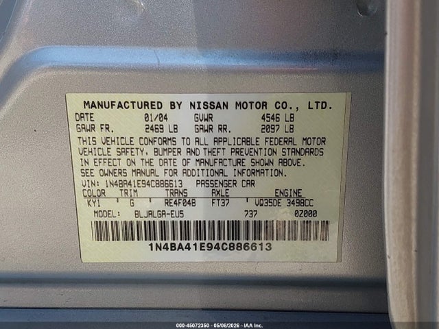 Aukcja sprzedaży 2004 Nissan Maxima 3.5 Sl, vin: 1N4BA41E94C886613, numer aukcji: 45072350