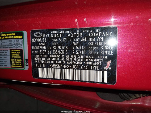 Продаж на аукціоні авто 2014 Hyundai Santa Fe Gls, vin: KM8SM4HF3EU041845, номер лоту: 45072352