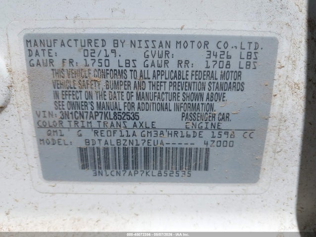3N1CN7AP7KL852535 Nissan Versa 1.6 Sv