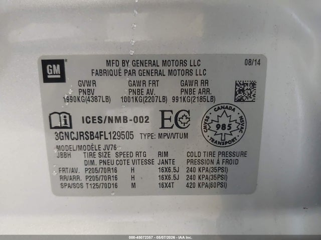 Продаж на аукціоні авто 2015 Chevrolet Trax Lt, vin: 3GNCJRSB4FL129505, номер лоту: 45072357