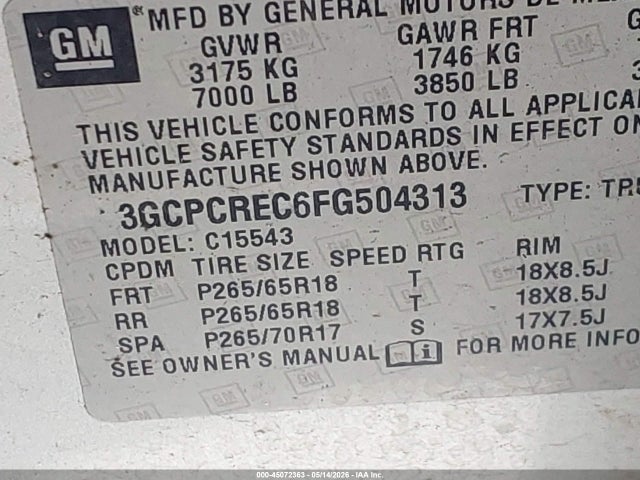 2015 Chevrolet Silverado 1500 2lt მანქანა იყიდება აუქციონზე, vin: 3GCPCREC6FG504313, აუქციონის ნომერი: 45072363