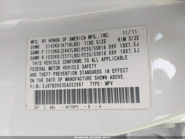 Aukcja sprzedaży 2012 Acura Rdx, vin: 5J8TB2H53CA002697, numer aukcji: 45072365