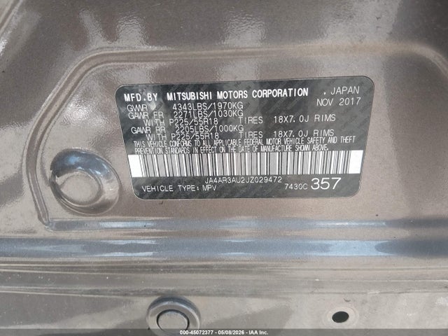 45072377 :رقم المزاد ، JA4AR3AU2JZ029472 vin ، 2018 Mitsubishi Outlander Sport 2.0 Es مزاد بيع