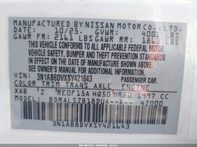 Aukcja sprzedaży 2025 Nissan Sentra Sr, vin: 3N1AB8DVXSY421643, numer aukcji: 45072378