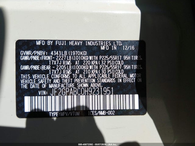 Продаж на аукціоні авто 2017 Subaru Crosstrek 2.0i Premium, vin: JF2GPABC0H9231951, номер лоту: 45072392
