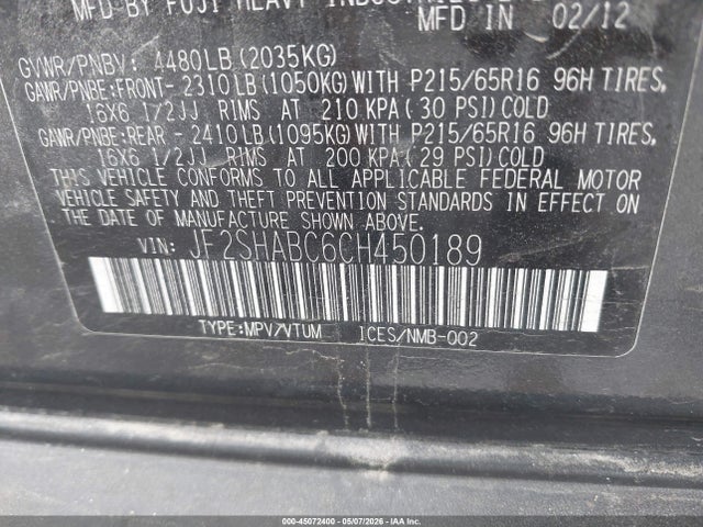 2012 Subaru Forester 2.5x მანქანა იყიდება აუქციონზე, vin: JF2SHABC6CH450189, აუქციონის ნომერი: 45072400