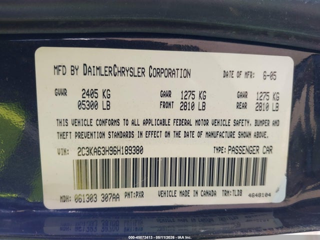 Aukcja sprzedaży 2006 Chrysler 300c, vin: 2C3KA63H96H189380, numer aukcji: 45072413