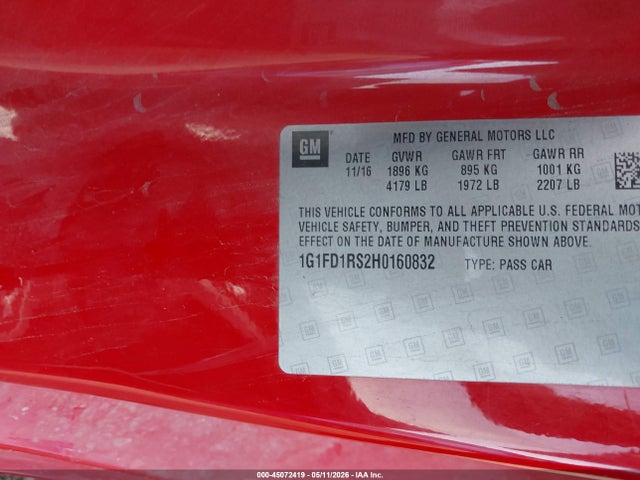 45072419 :رقم المزاد ، 1G1FD1RS2H0160832 vin ، 2017 Chevrolet Camaro 2lt مزاد بيع