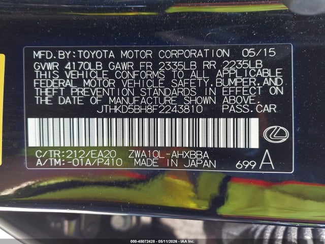 Aukcja sprzedaży 2015 Lexus Ct 200h, vin: JTHKD5BH8F2243810, numer aukcji: 45072428