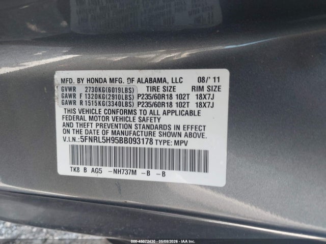 Продаж на аукціоні авто 2011 Honda Odyssey Touring/touring Elite, vin: 5FNRL5H95BB093178, номер лоту: 45072430