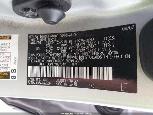 Aukcja sprzedaży 2007 Lexus Lx 470, vin: JTJHT00W174027349, numer aukcji: 45072435