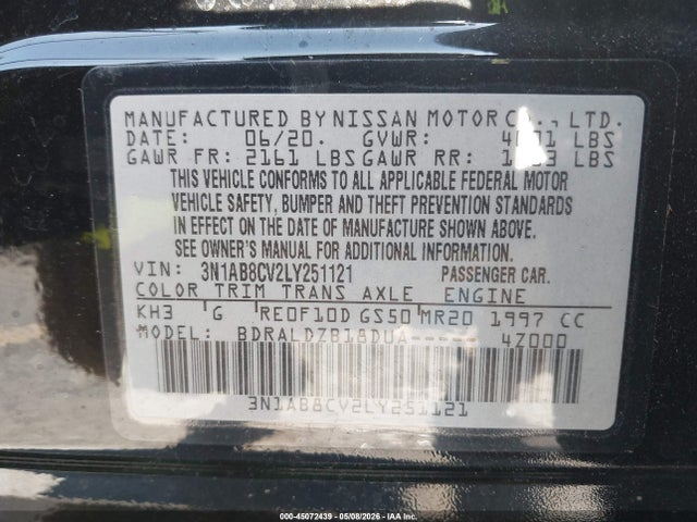 Продаж на аукціоні авто 2020 Nissan Sentra Sv Xtronic Cvt, vin: 3N1AB8CV2LY251121, номер лоту: 45072439