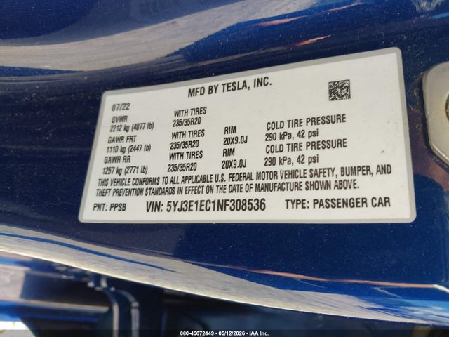 5YJ3E1EC1NF308536 Tesla Model 3 Performance Dual Motor All-wheel Drive