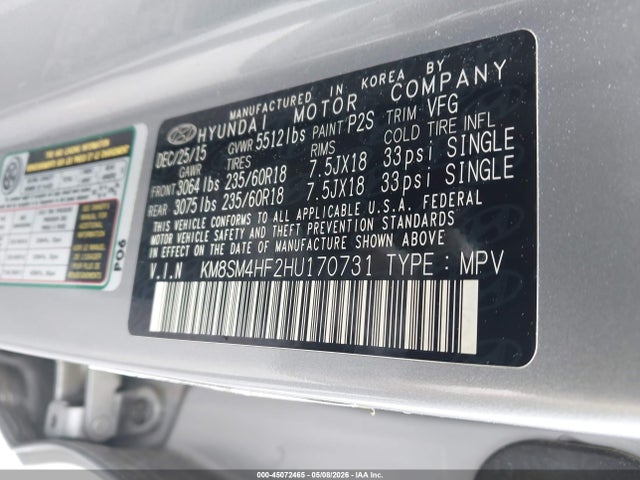 Aukcja sprzedaży 2017 Hyundai Santa Fe Se, vin: KM8SM4HF2HU170731, numer aukcji: 45072465