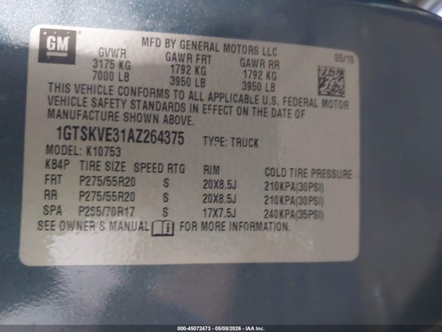 Aukcja sprzedaży 2010 Gmc Sierra 1500 Sle, vin: 1GTSKVE31AZ264375, numer aukcji: 45072473