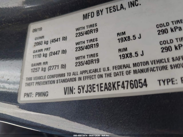 Aukcja sprzedaży 2019 Tesla Model 3 Long Range/mid Range/standard Range/standard Range Plus, vin: 5YJ3E1EA8KF476054, numer aukcji: 45072474