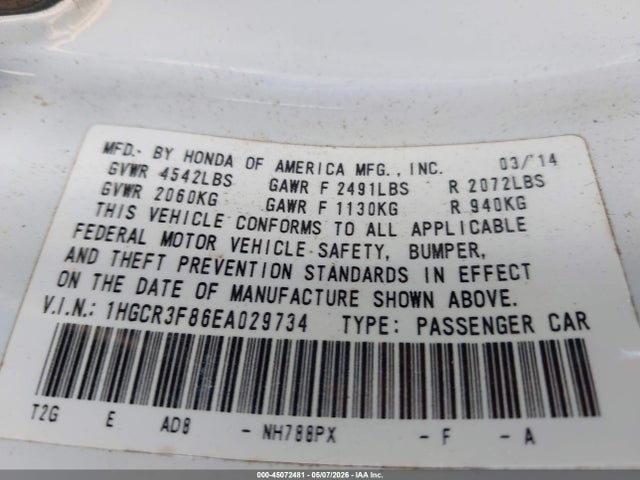 2014 Honda Accord Ex-l V-6 მანქანა იყიდება აუქციონზე, vin: 1HGCR3F86EA029734, აუქციონის ნომერი: 45072481